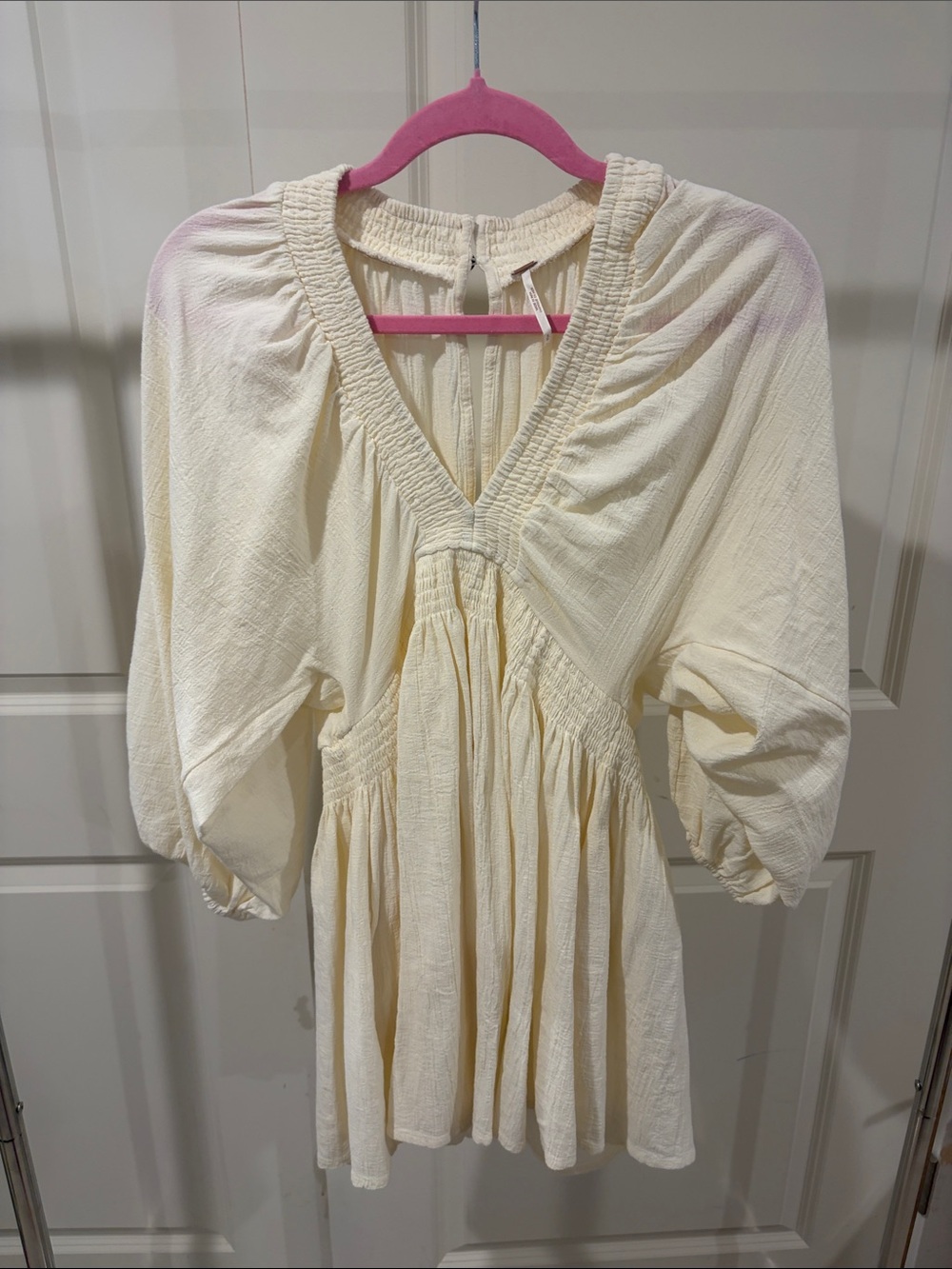 Free People Cream V-Neck Smocked Mini Dress - Picture 2 of 4